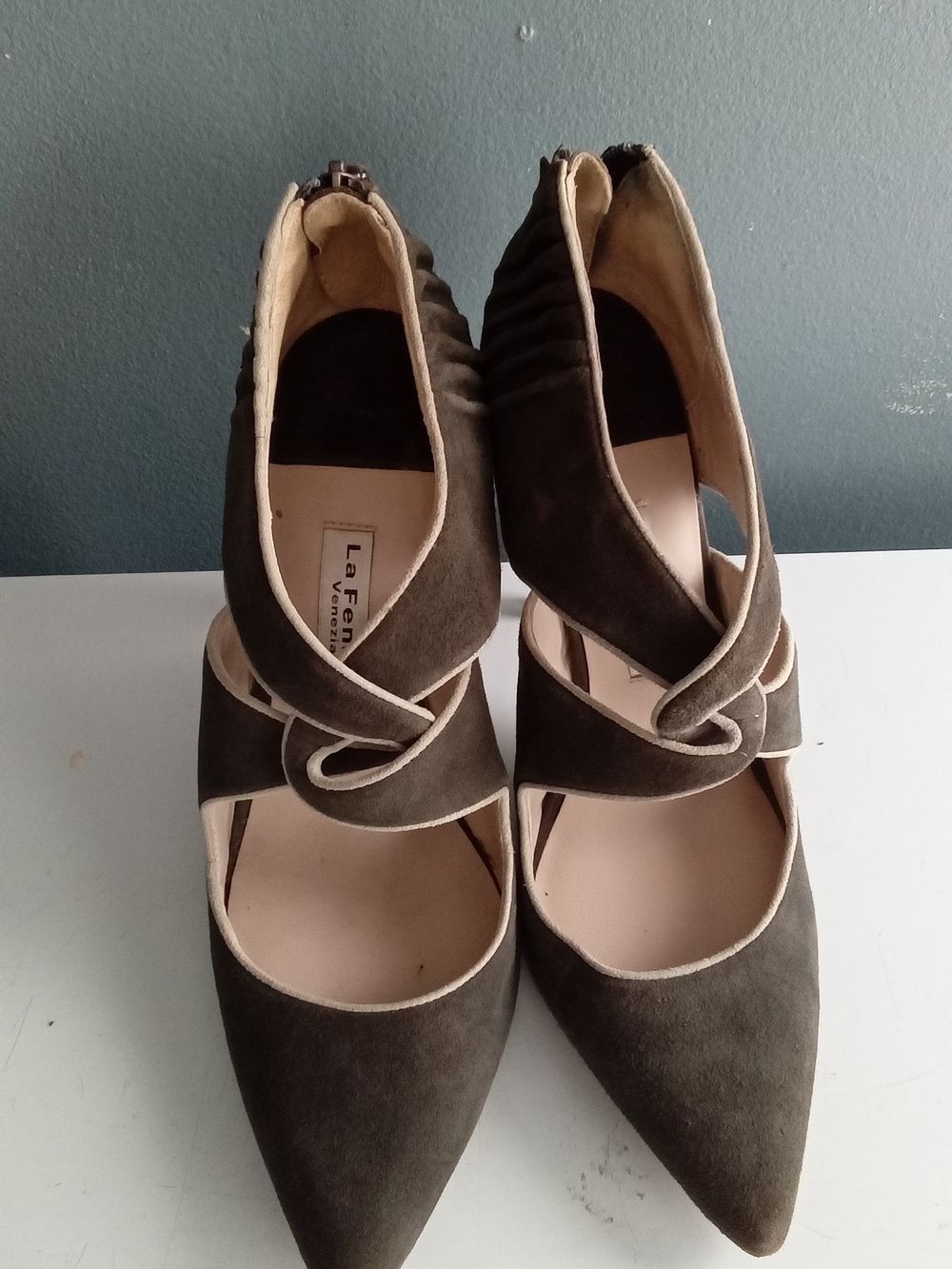 La Fenice Venezia Olive Green Suede Pointed Toe Strappy Pumps Heels